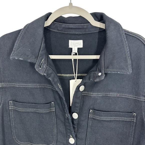 Z SUPPLY Elias Denim Romper‎ Black Button Front Short Sleeve Utility Size L NWT - Picture 4 of 9